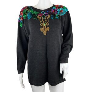 Trimmings Women's Sweater Floral Glam Retro 1980s Sequin Black Sz M Pre-Owned